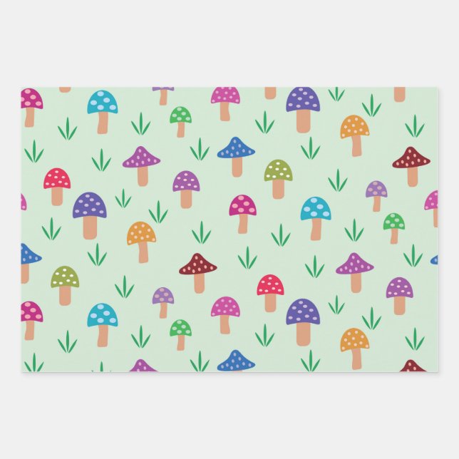 Dreamy colorful mushroom pattern wrapping paper sheets (Front)