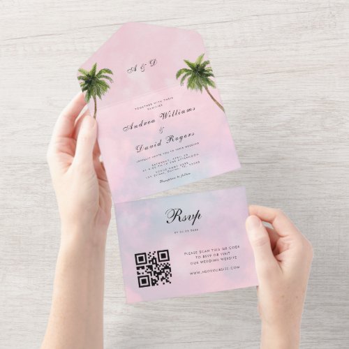 Dreamy Cotton Candy Pink Tropical QR Code Wedding All In One Invitation