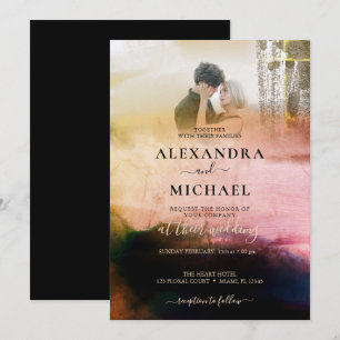 Dreamy Cream Black Abstract Photo Overlay Wedding Invitation