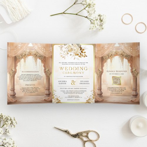 Dreamy Cream Floral Indian Mandap Hindu Wedding Tri-Fold Invitation