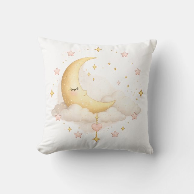 Dreamy Crescent Moon & Clouds Throw Pillow | Cozy  (Front)