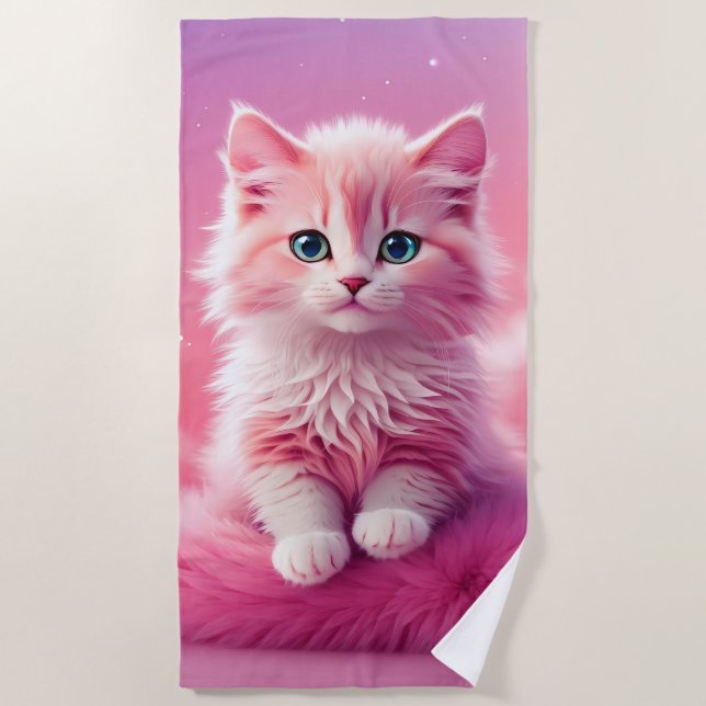 Dreamy Cute Fluffy Pink Kitty Cat Beach Towel (Front)