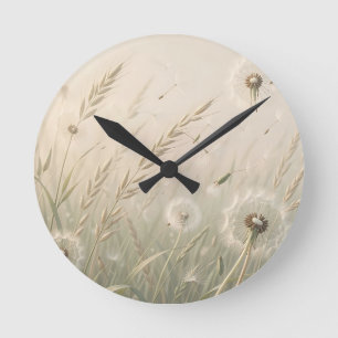 Dreamy Dandelion Seeds Blowing Wind Soft Neutral Round Clock