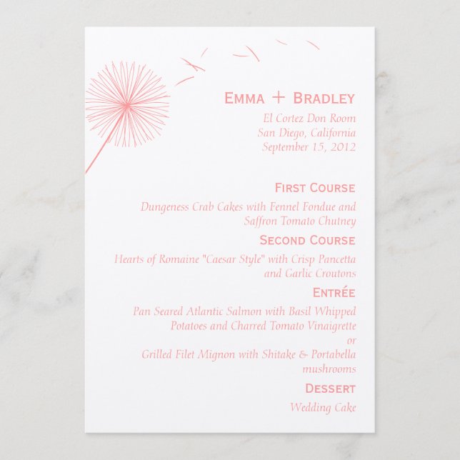 Dreamy Dandelion Wedding Menu Card - Rose Pink (Front)
