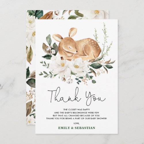 Dreamy Deer White Floral Greenery Wreath Baby Thank You Card