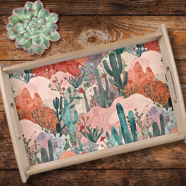 Dreamy Desert Bloom Abstract Collage Serving Tray (Dreamy desert bloom tray with soft coral hues, painterly cacti, and luminous abstract landscapes.)