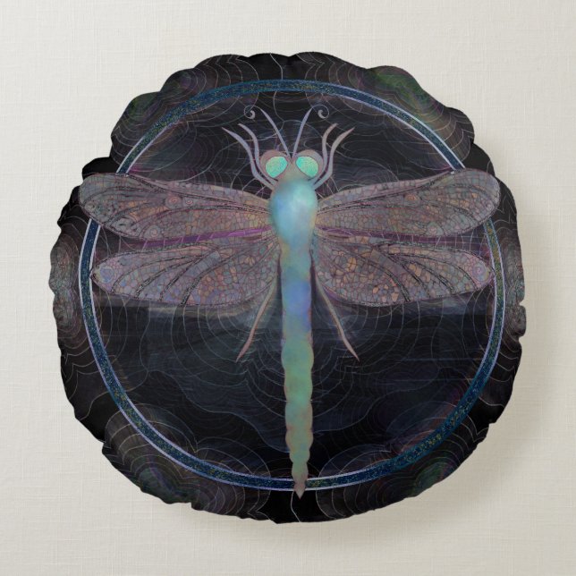 Dreamy Dragonfly “Messenger of Quantum Flight” Round Pillow (Front)