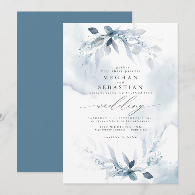 Dreamy Dusty Blue Foliage  Invitation (Front/Back)