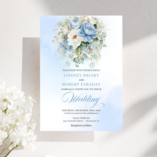 Dreamy Dusty Blue Peony Gold Floral Wedding Invitation (Dreamy Dusty Blue Peony Gold Floral Wedding)