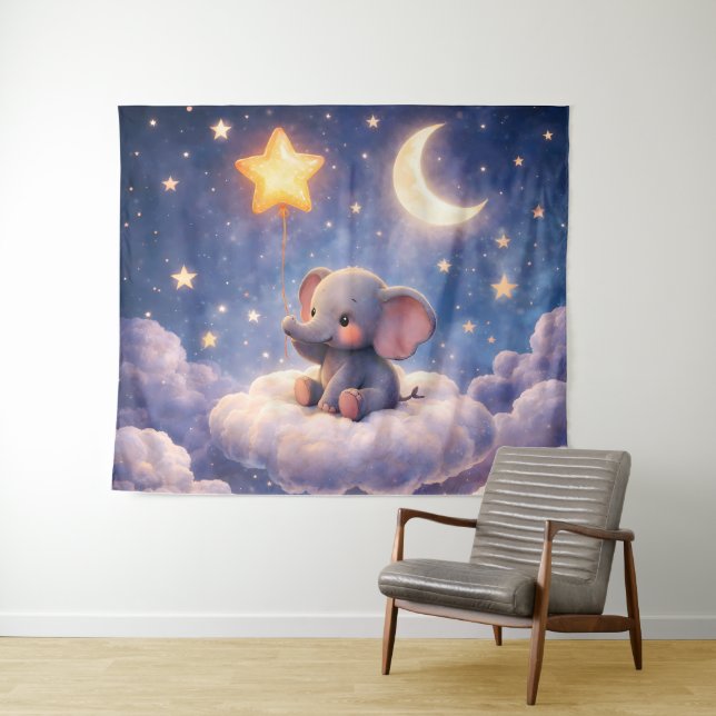 Dreamy elephant and midnight moon large wall tapes tapestry (In Situ (Horizontal))