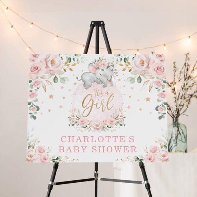 Dreamy Elephant Blush Pink Floral Baby Welcome Foam Board (In Situ (Stand))