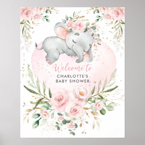 Dreamy Elephant Pink Blush Floral Baby Welcome Poster