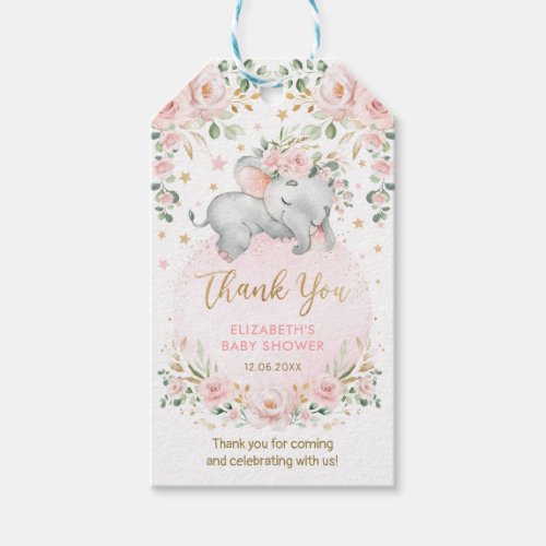 Dreamy Elephant Pink Blush Gold Floral Baby Girl Gift Tags
