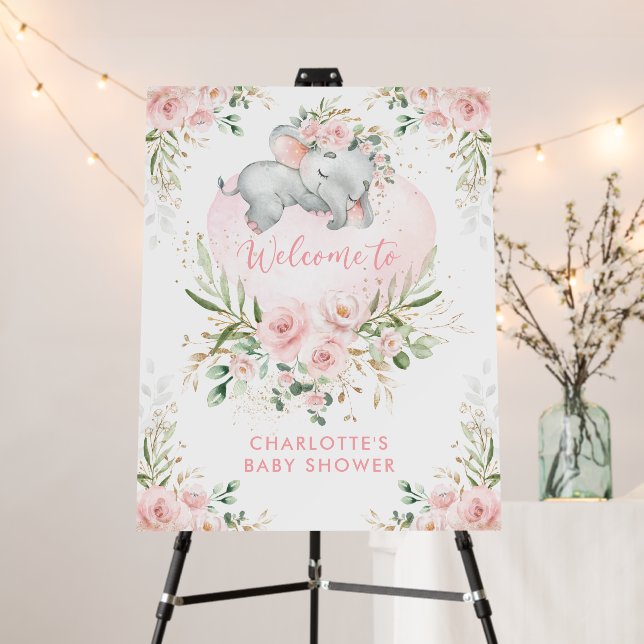 Dreamy Elephant Pink Gold Flower Baby Girl Welcome Foam Board (In Situ (Stand))