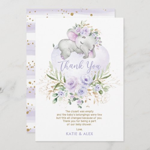 Dreamy Elephant Purple Gold Floral Baby Shower Tha Thank You Card
