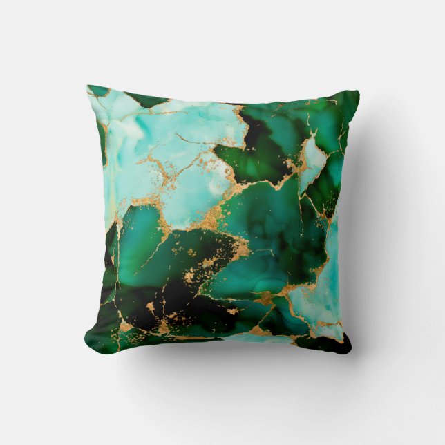 Dreamy Emerald inks and Gold Throw Pillow (Front)