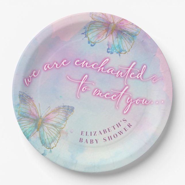 Dreamy Enchanted to Meet You Butterfly Baby Shower Paper Plates (Front)