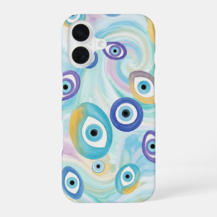Dreamy Evil Eye Pattern with Abstract Watercolor iPhone 16 Case