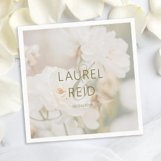 Dreamy Faded White Rose Photo Wedding Couple Names Napkins