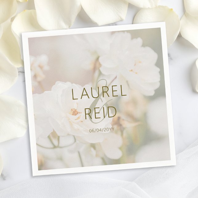 Dreamy Faded White Rose Photo Wedding Couple Names Napkins (Creator Uploaded)