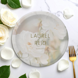 Dreamy Faded White Rose Photo Wedding Couple Names Paper Plates