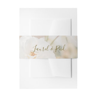 Dreamy Faded White Rose Photo With Names Wedding Invitation Belly Band