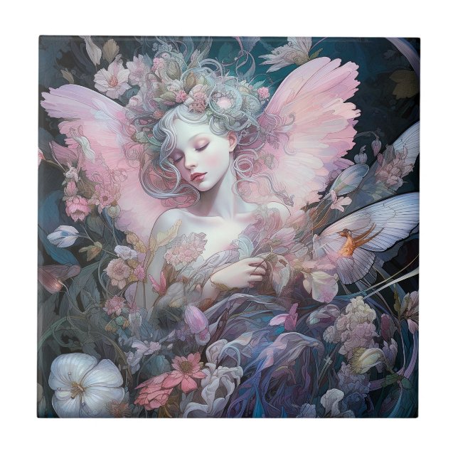 Dreamy Fairy Girl  Pink Blue Fantasy Art Ceramic Tile (Front)