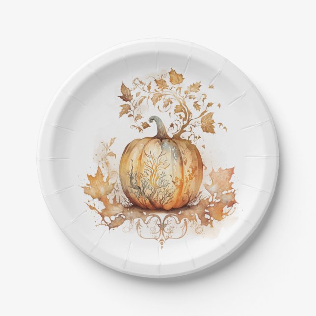 Dreamy fall decoration with pumpkin and leaves  paper plates (Front)