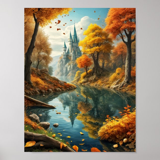 Dreamy fall landscape with magic castle and river poster (Front)