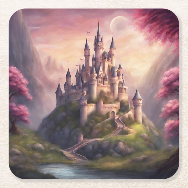 Dreamy Fantasy Castle Artwork Square Paper Coaster (Front)