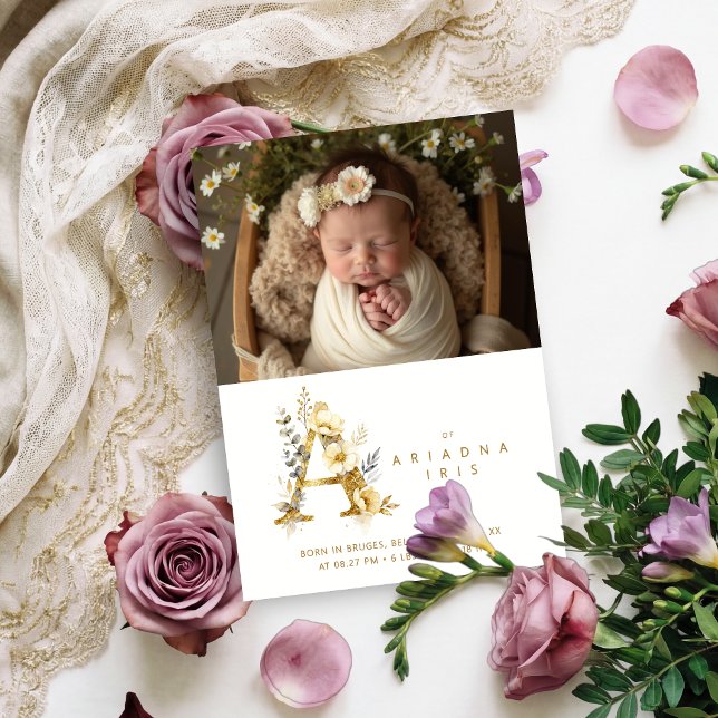 Dreamy Floral A Initial Gold Glitter Newborn Announcement (Dreamy Romantic Floral A Initial in Gold Glitter Effect for Newborn Photo Announcement Card Design. )