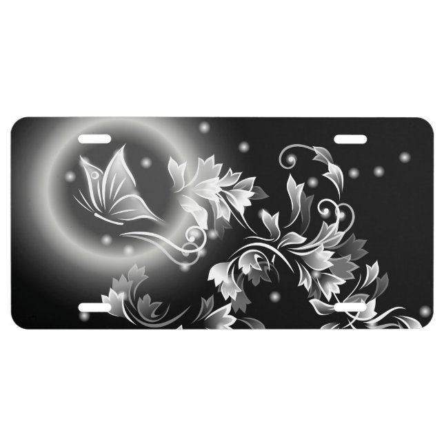 Dreamy Floral Butterfly Black And White License Plate (Front)