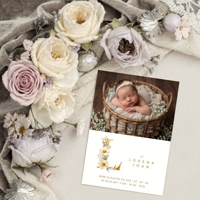 Dreamy Floral L Initial Gold Glitter Newborn Announcement (Dreamy Romantic Floral L Initial in Gold Glitter Effect for Newborn Photo Announcement Card Design.)