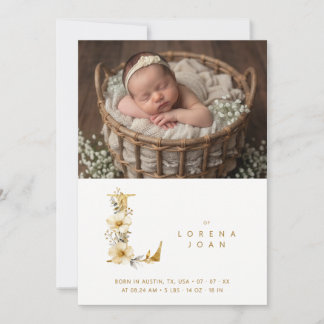 Dreamy Floral L Initial Gold Glitter Newborn Announcement