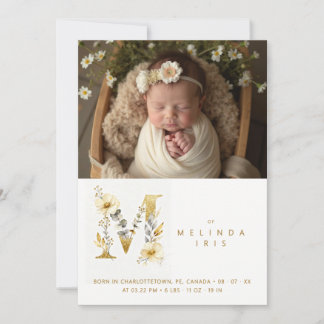 Dreamy Floral M Initial Gold Glitter Newborn Announcement