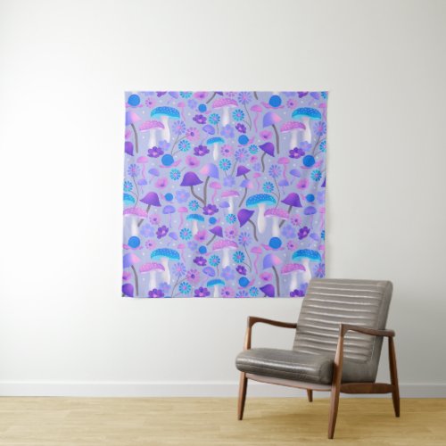 Dreamy Floral Mushrooms Purple  Turquoise Blue Tapestry