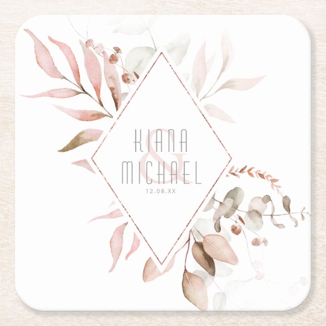 Dreamy Foliage Wedding Blush Pink ID817 Square Paper Coaster (Front)