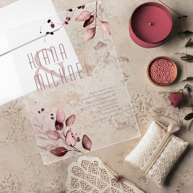 Dreamy Foliage Wedding Burgundy ID817 Acrylic Invi Acrylic Invitations (Creator Uploaded)