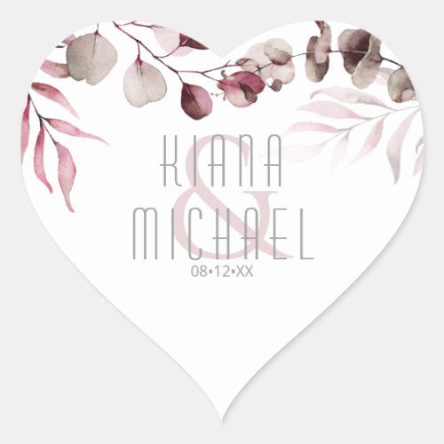 Dreamy Foliage Wedding Burgundy ID817 Heart Sticker