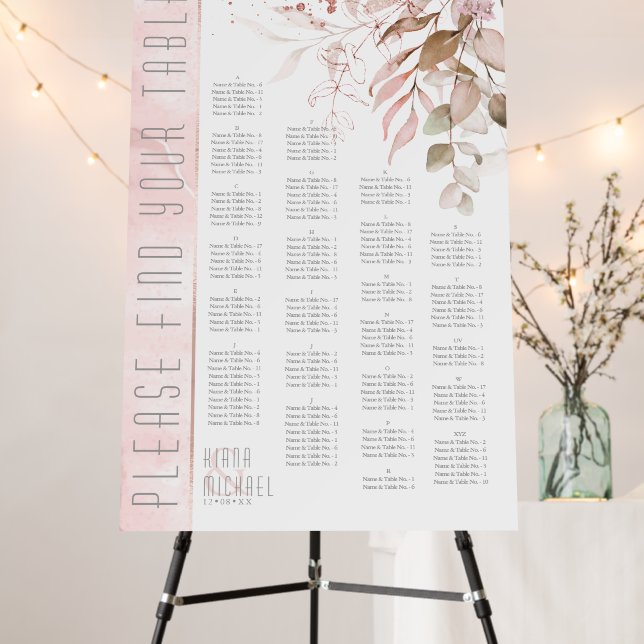 Dreamy Foliage Wedding Seating Chart Blush ID817 Foam Board (In Situ (Stand))