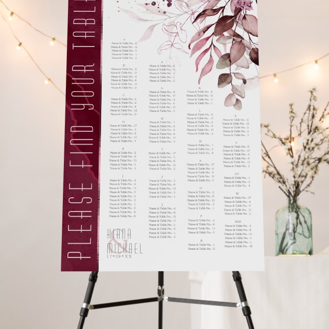 Dreamy Foliage Wedding Seating Chart Brgndy ID817 Foam Board (In Situ (Stand))