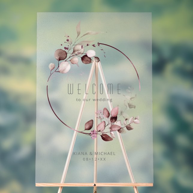 Dreamy Foliage Wedding Welcome Burgundy ID817 Acrylic Sign (Neutral)