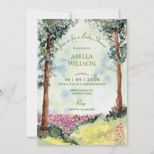 Dreamy forest woodland garden baby shower invitation