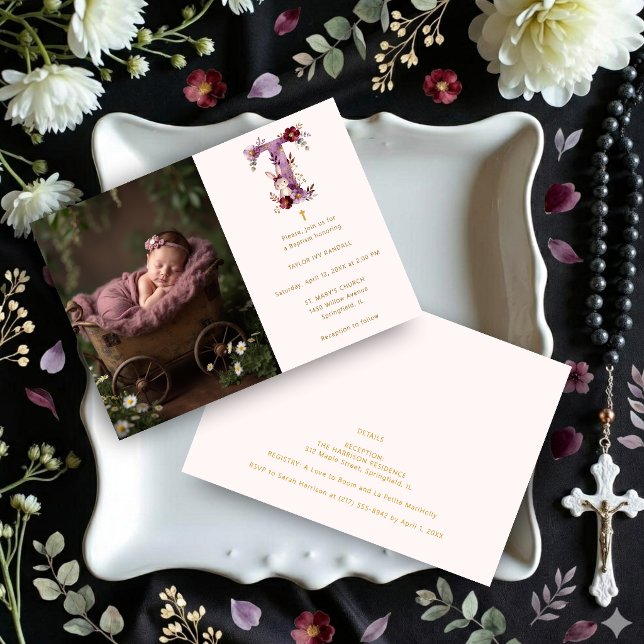 Dreamy Funny Bunny Romantic Floral T Baptism Invitation (Dreamy Funny Bunny Romantic Floral T Initial Baptism Invitation Card Design with Photo. )