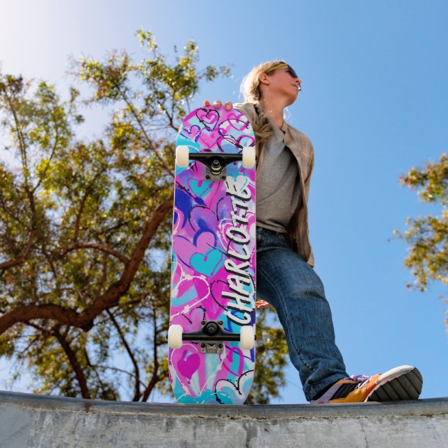 Dreamy Fusion: Blue & Pink Graffiti Hearts Skateboard (Outdoor 1)