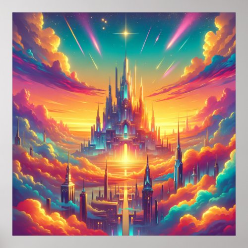 Dreamy Futuristic City Above the Clouds Poster