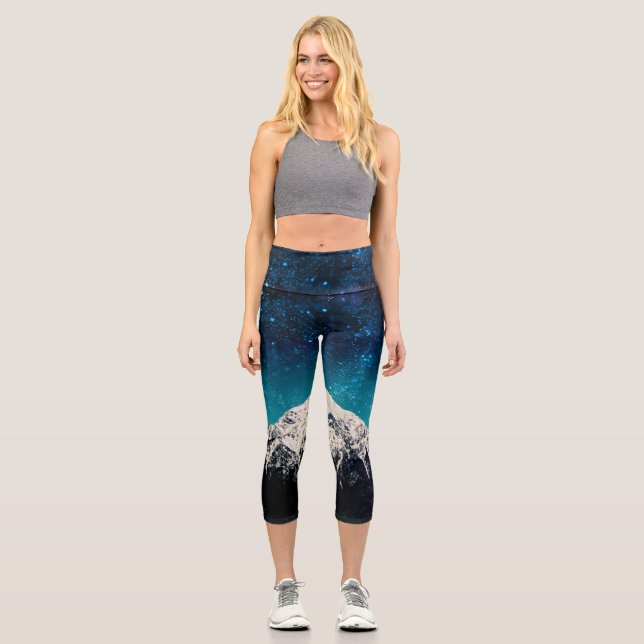 Dreamy galaxy mountain above the clouds capri leggings (Front)