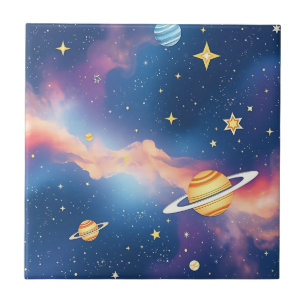 Dreamy Galaxy Planets Stars Pattern Ceramic Tile