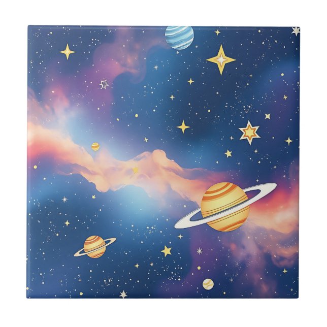 Dreamy Galaxy Planets Stars Pattern Ceramic Tile (Front)