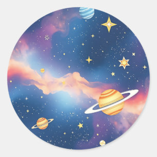 Dreamy Galaxy Planets Stars Pattern Classic Round Sticker